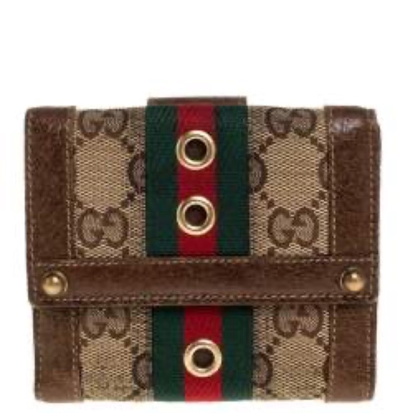 Gucci Beige/Brown GG Canvas and Leather Web Compact Wallet - Picture 1 of 11